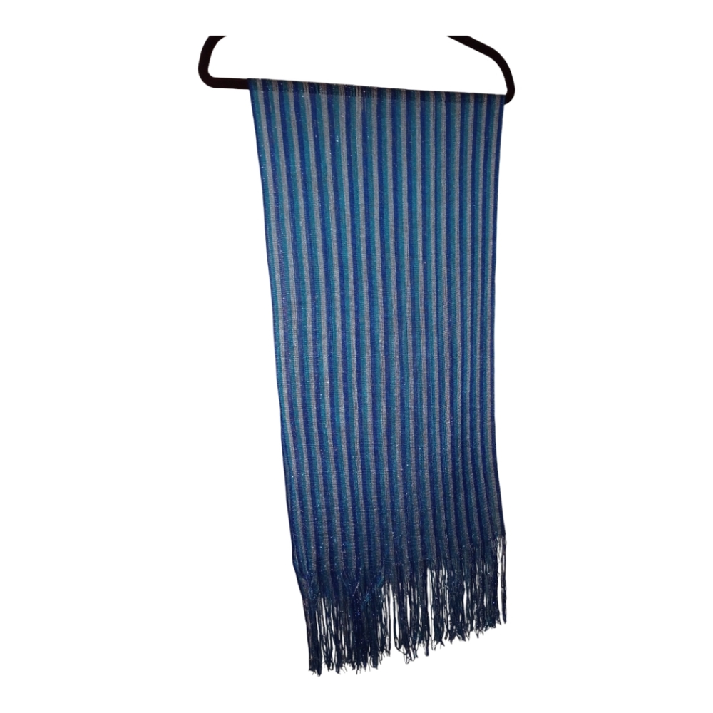 Women's Striped Fringe Scarf, Turquoise Blue, Pre-owned